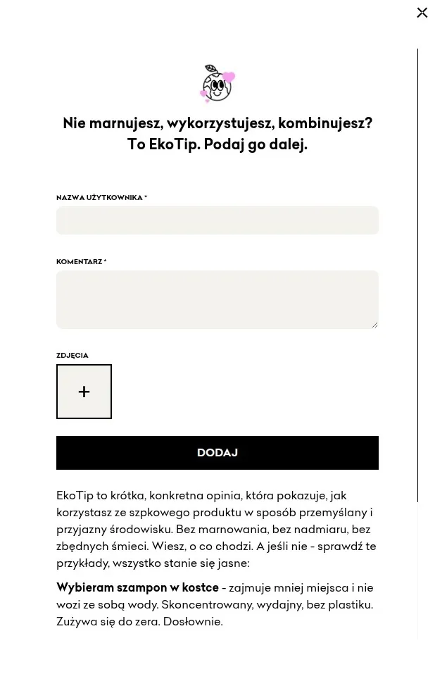 The form for adding an Ekotip in the 4szpaki.pl store: user name and comment fields, and a button for attaching a photo