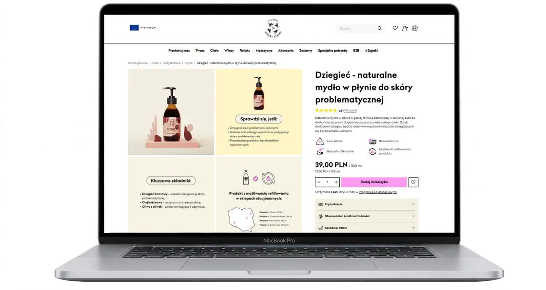 A 4szpaki.pl product page on a laptop screen, next to the Mydlarnia Cztery Szpaki brand mark