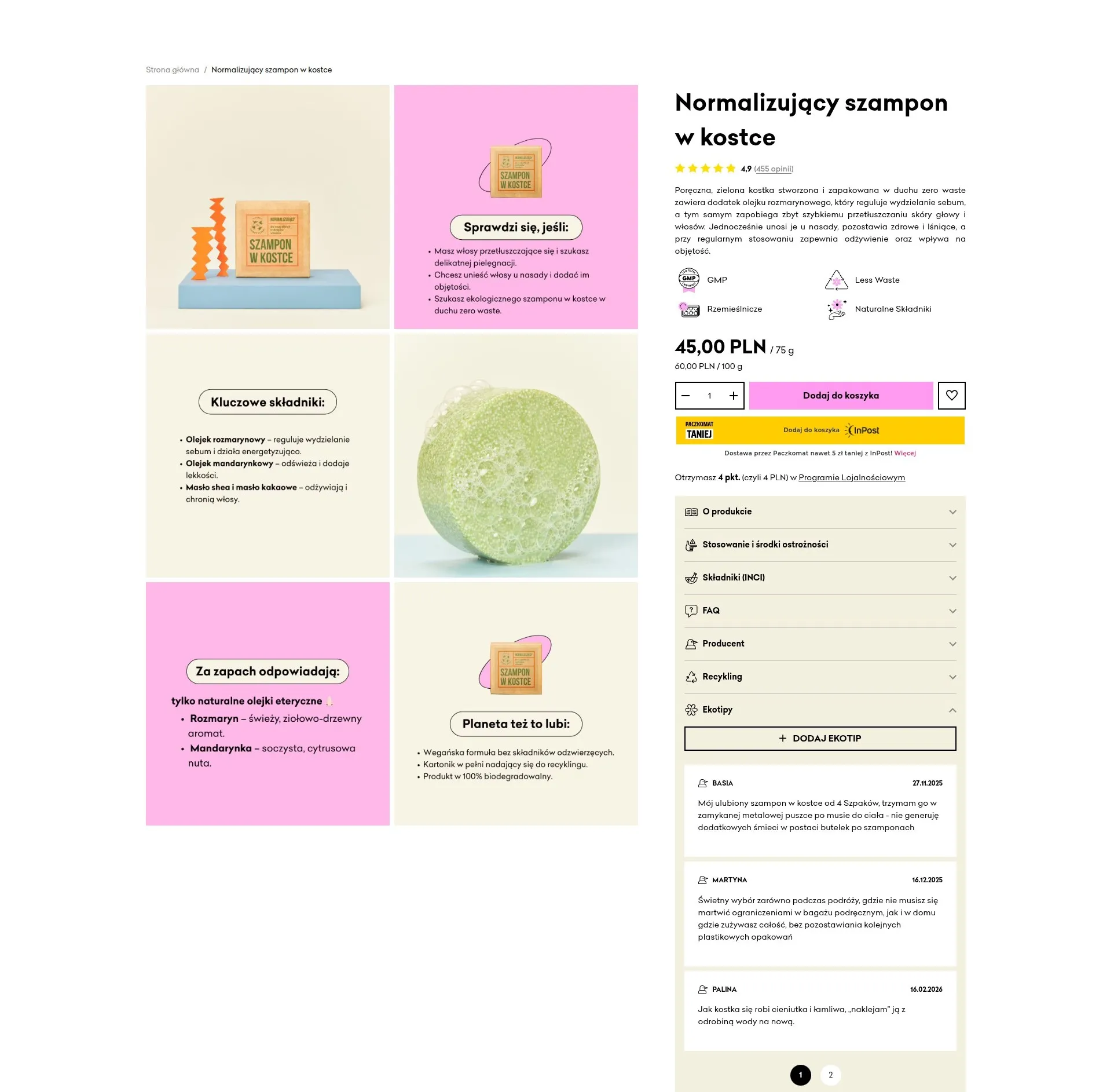 A product page in the 4szpaki.pl store with its list of tabs and the Ekotipy section expanded, showing the add-an-Ekotip button and published customer submissions