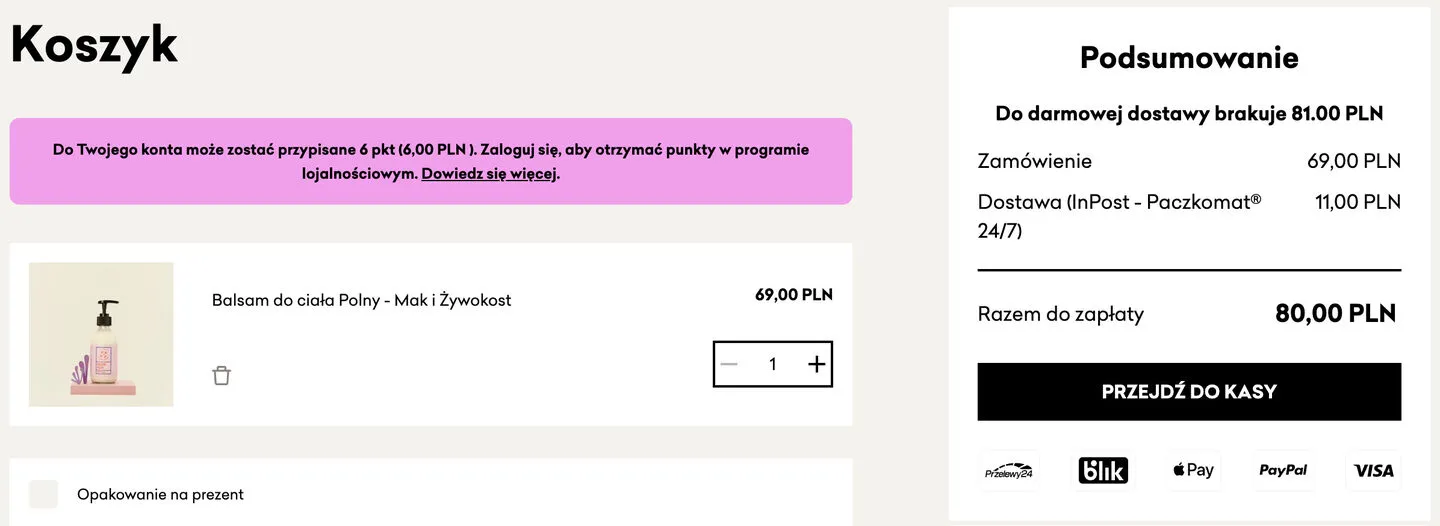 The Cztery Szpaki cart with the order summary and the message “Do darmowej dostawy brakuje 81,00 PLN”