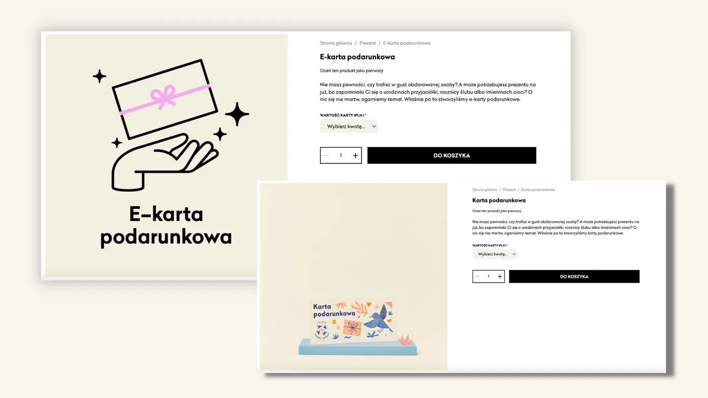 The product pages of the Cztery Szpaki e-gift card and physical gift card, with the card-value picker