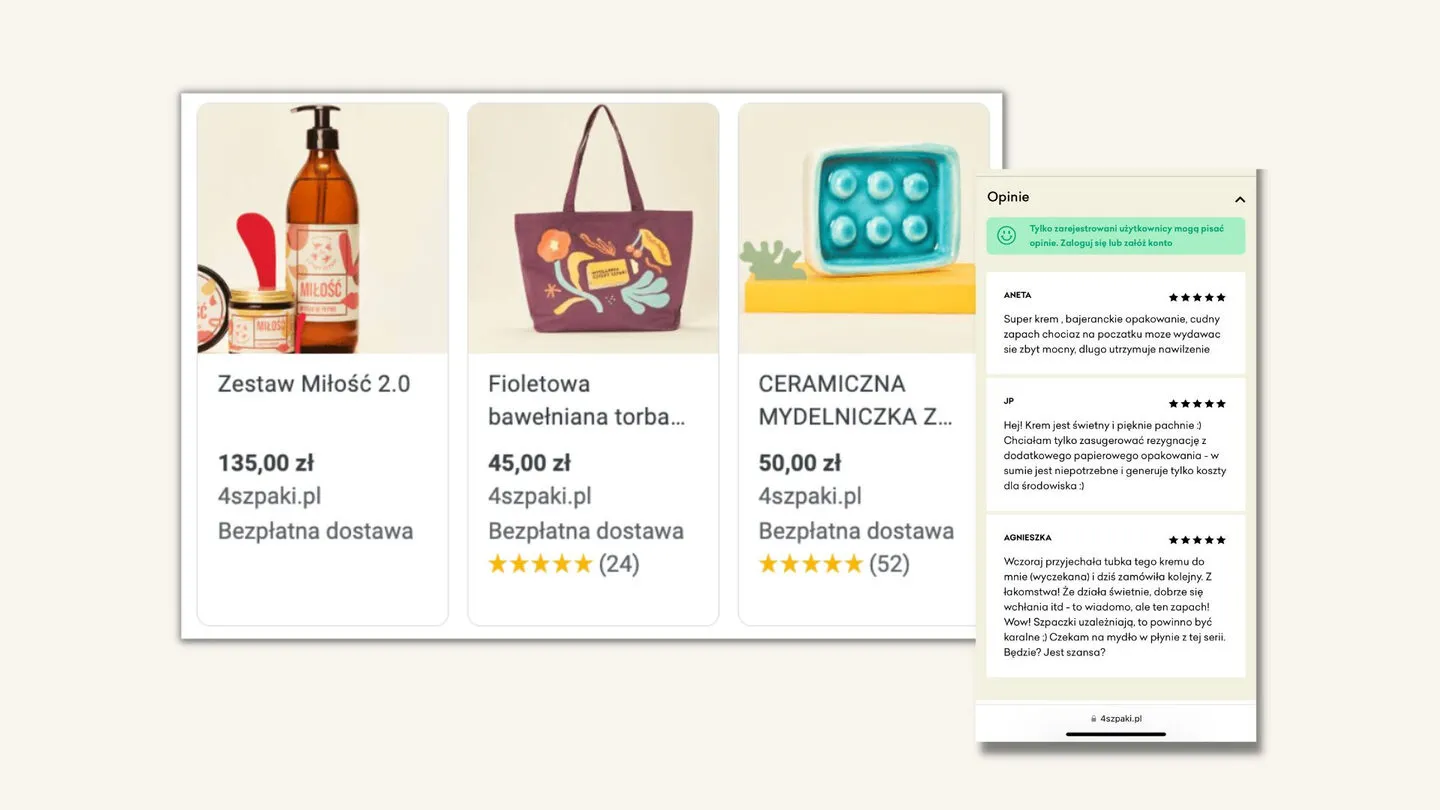 Cztery Szpaki product cards with star ratings, and the store's review panel with customer reviews