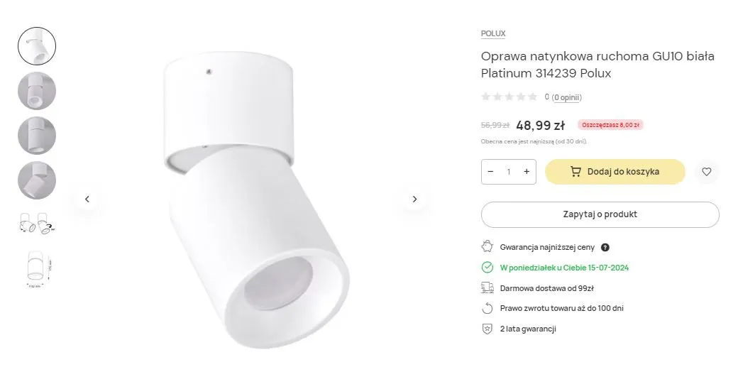 An Abażur product page with the expected delivery date in green under the price