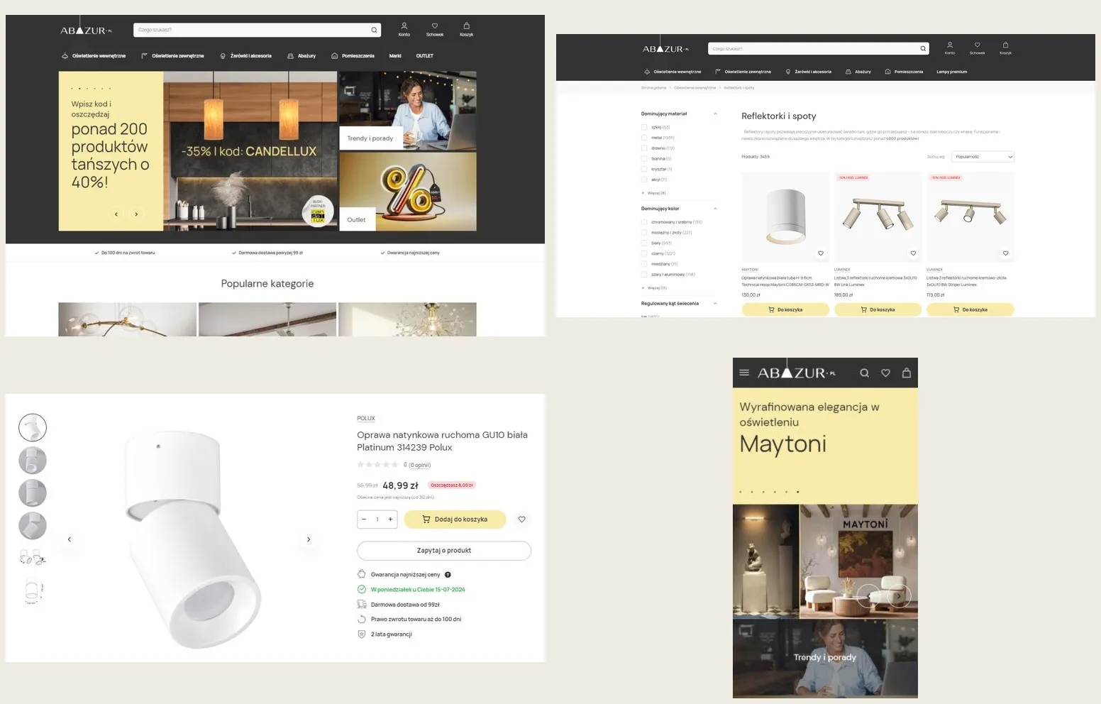 The new Abażur interface: the home page, a category listing, a product page and a mobile view