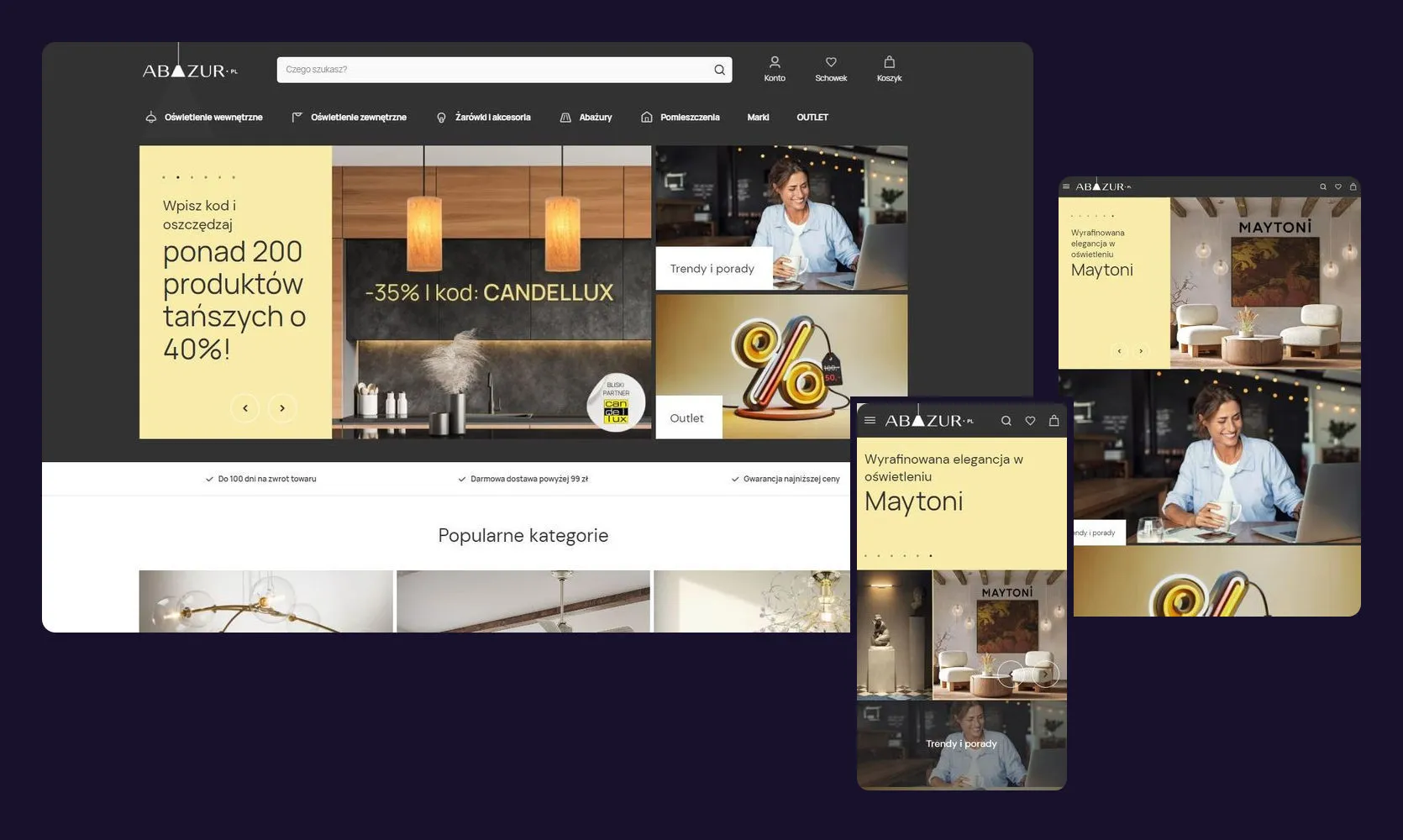 The Abażur store on Magento 2 in three views: the home page on a desktop, a listing on a tablet and the home page on a phone