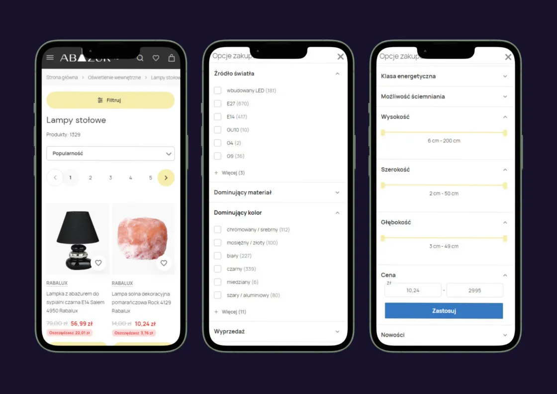 Three mobile views of Abażur: a category listing and two filter panels with dimension sliders
