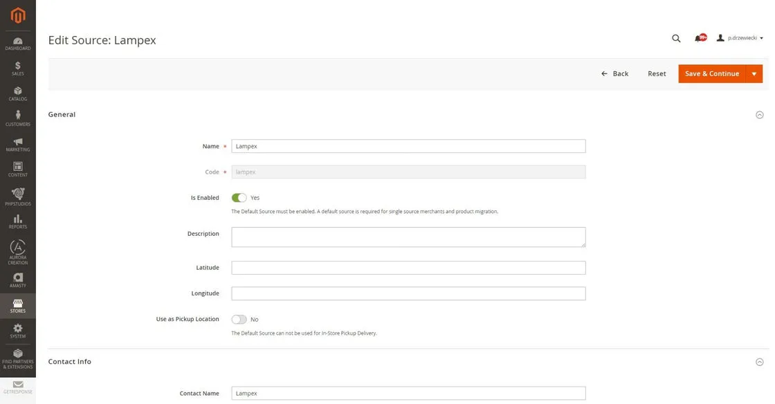 The Magento 2 panel with an inventory source being configured: the distributor's name, the source code and its contact details