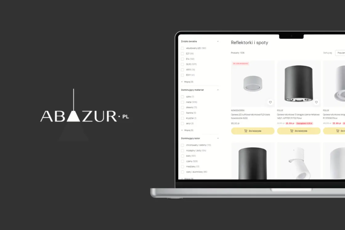 The Abażur wordmark beside the store's product listing on a laptop screen