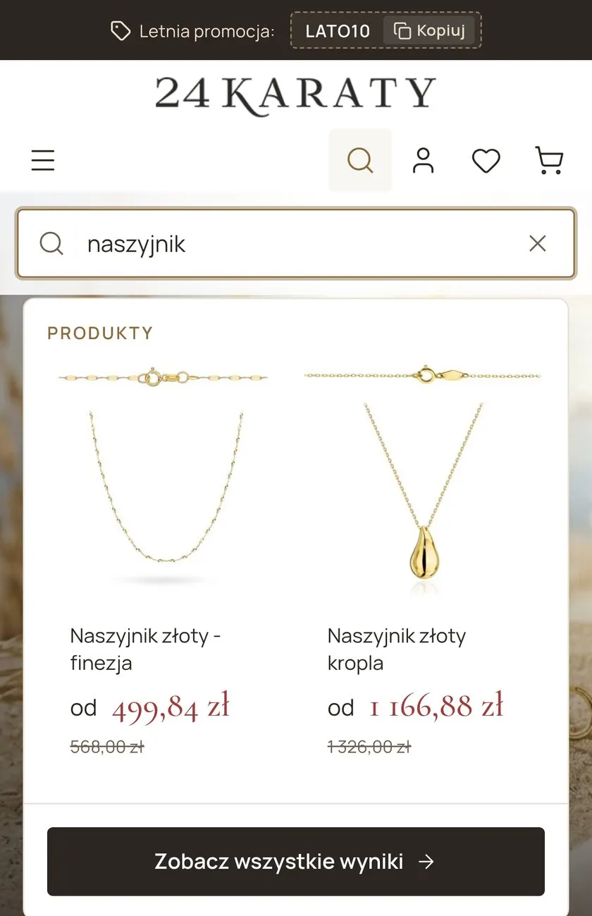 The same store on a phone: the search field with a query typed in and a suggestion panel of product cards.