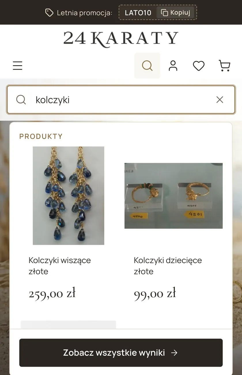 The same store on a phone: the search field with a query typed in and a suggestion panel of product cards.