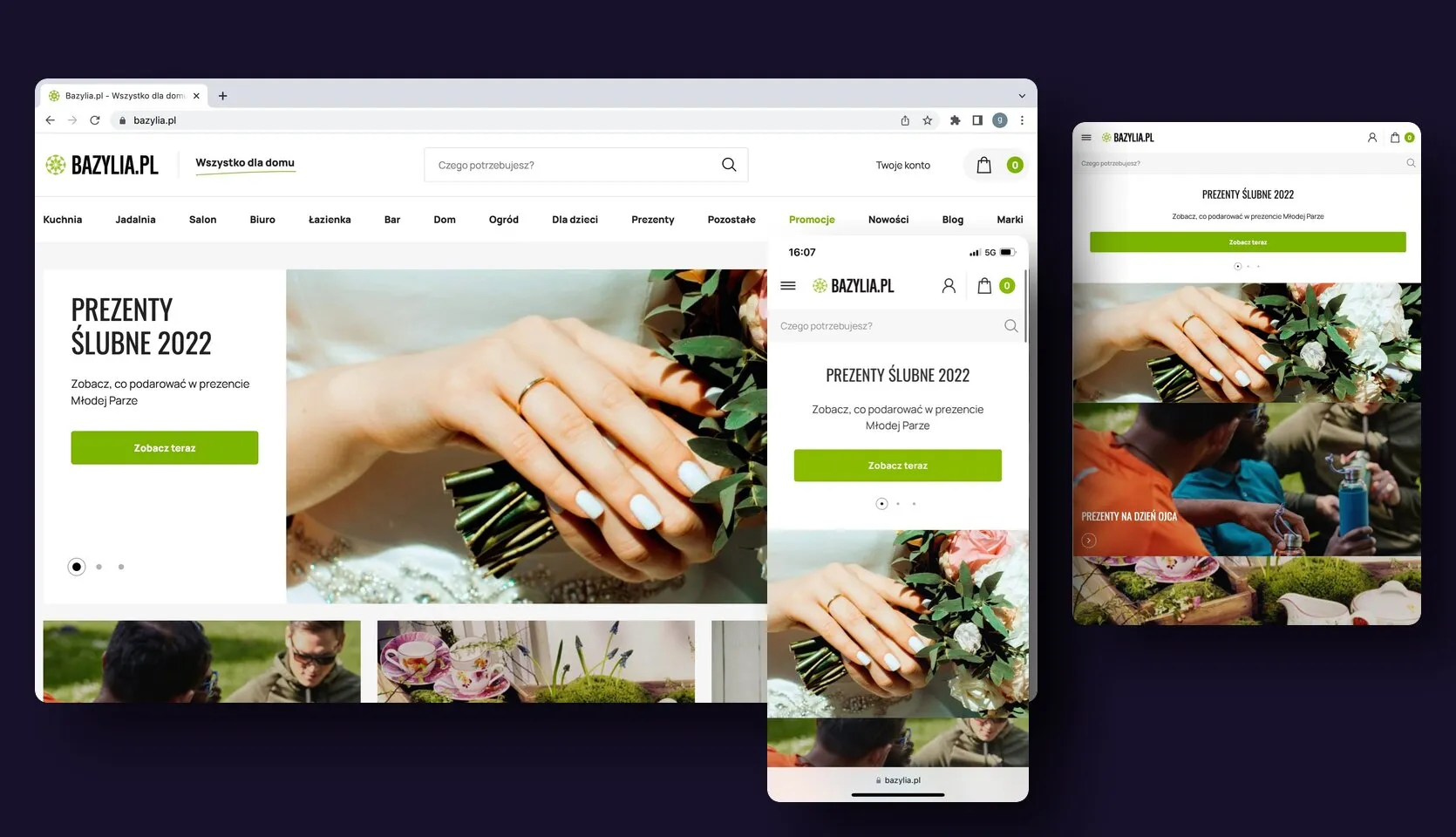 The Bazylia.pl store after the move to Magento 2: the home page in a desktop browser window, the same page on a tablet and in a mobile view