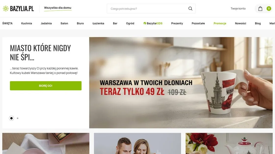 The home page of the Bazylia.pl store: a menu with categories and the Holidays, BazyliaKIDS, Promotions, New in, Blog and Brands sections, with a promotional banner showing a mug below it