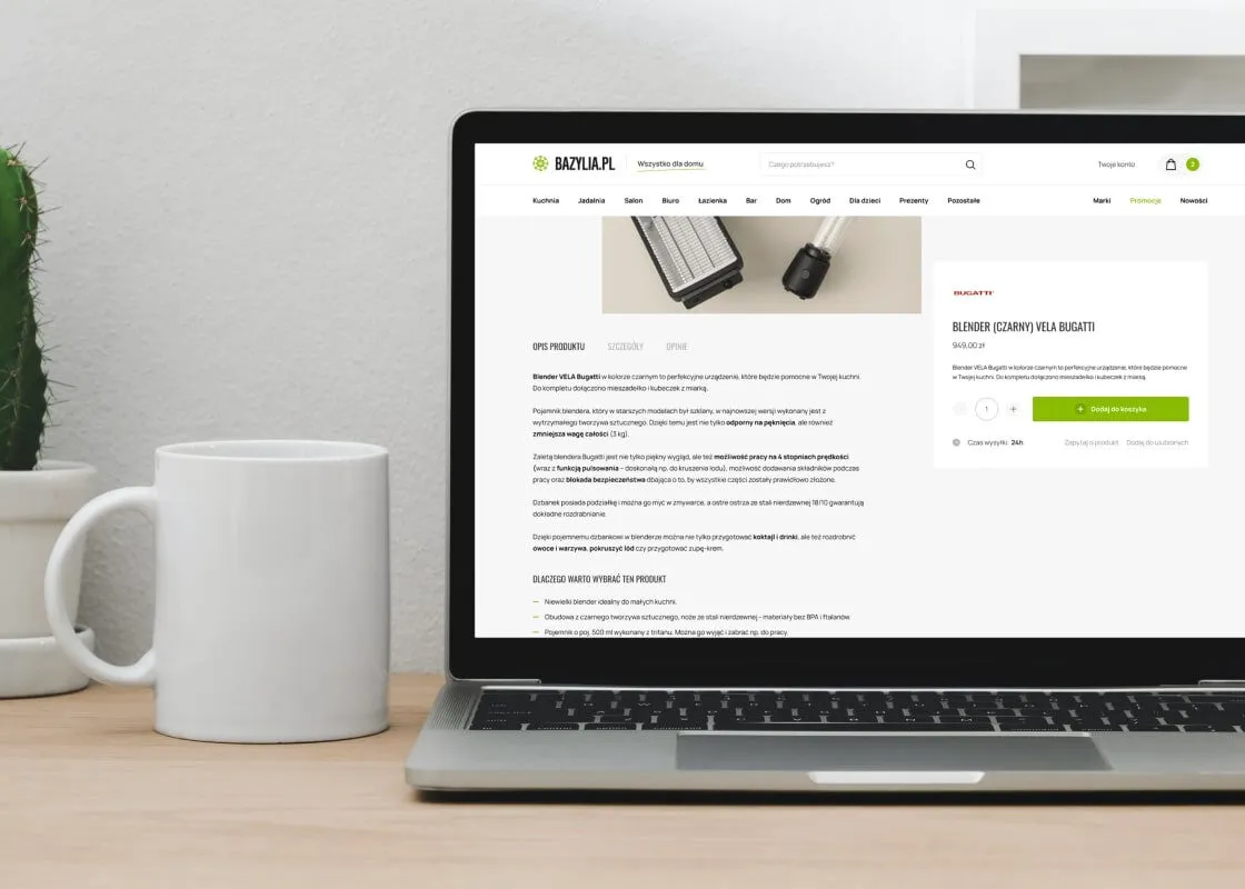 A product page of the Bazylia.pl store on a laptop screen standing on a desk: a photograph of a blender, the price and an add-to-cart button