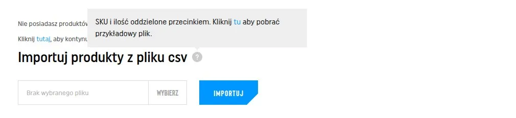 The “Importuj produkty z pliku csv” form on the BISON cart page: a file field, a Wybierz button and an Importuj button, with a hint about the file format above them.