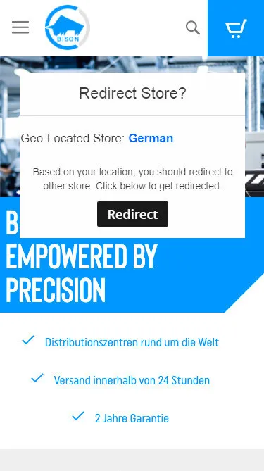 A “Redirect Store?” prompt on the mobile version of the BISON store: the store suggested from the visitor's location and a Redirect button.