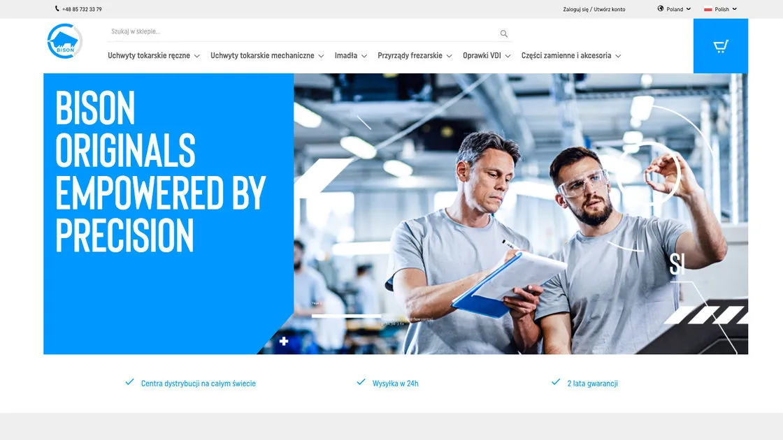 The BISON store's home page on Magento 2: the tooling category menu, a “Bison originals empowered by precision” banner and three promises below it.
