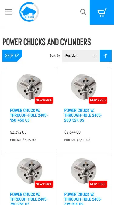A mobile listing of the Power chucks and cylinders category in the BISON store: product cards carrying “New price” labels and prices in dollars.