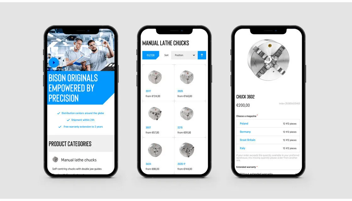 Three mobile screens of the BISON store: the home page with the brand banner, a listing of lathe chucks and a product page with a warehouse to choose.
