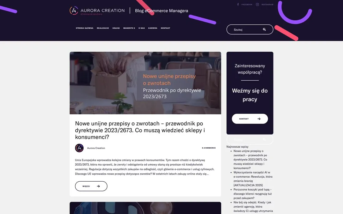 The home page of the Aurora Creation blog: the latest post with its thumbnail, category and summary.