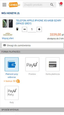The KUP TERAZ cart on Ceneo.pl on a phone screen: one product priced at 3,339.00 zł with a note that it ships within 3 days, a field for order comments, a choice of payment method — on delivery, bank transfer, card and instalments — and the heading of the delivery-method section.