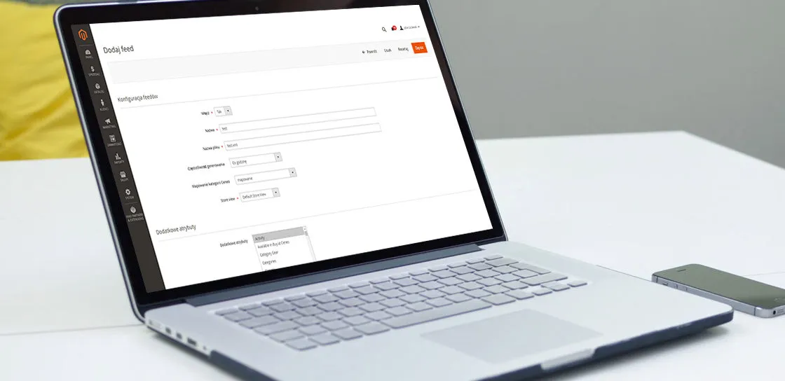 The add-feed form in the Magento 2 admin on a laptop screen: a feed configuration section with fields for enabling the feed, its name, the file name, a generation frequency set to “hourly”, Ceneo category mapping and a store view set to Default Store View, and below it an extra-attributes section with an open list of product attributes in which the entry “Available in Buy at Ceneo” appears.