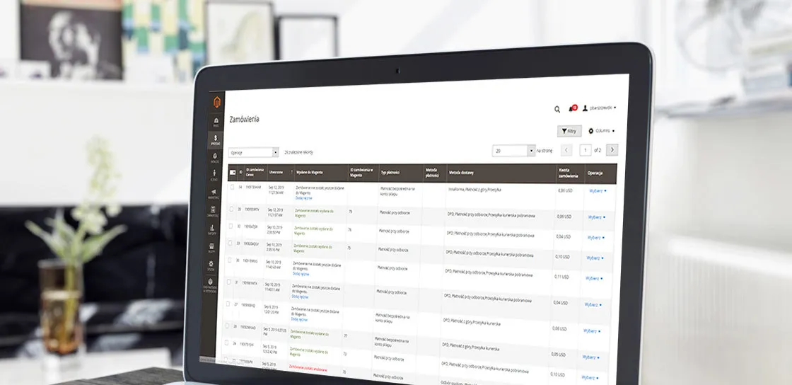 The Magento 2 admin on a laptop screen: the list of Ceneo.pl orders, with columns for the Ceneo order ID, the creation date, whether the order was passed to Magento, the payment type and method, the delivery method and the order value.