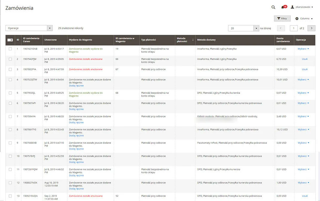 The list of Ceneo.pl orders in the Magento 2 admin: columns for the ID, the Ceneo order ID, the creation date, whether it was sent to Magento, the Magento order ID, the payment type, the payment method, the delivery method, the order value and the available operations. The transfer column carries the messages “the order has been sent to Magento”, “the order has been cancelled” and “the order has not been added to Magento yet”, the last with an “add manually” link. The delivery methods include DPD, InPost parcel lockers, collection in person and cash on delivery, and the payment types are payment on delivery and direct payment into the store's account.