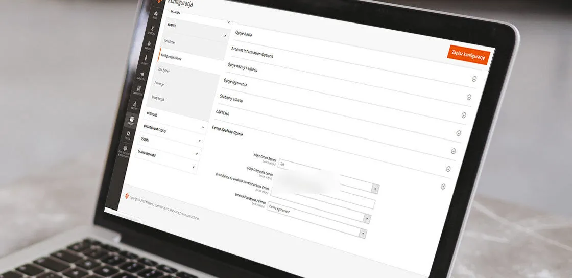Magento 2 configuration on a laptop screen, in the customers branch: under the sections for password options, account data, name and address, login, address templates and CAPTCHA sits an open “Ceneo Zaufane Opinie” section with a Ceneo Review switch set to yes, a Ceneo store GUID whose value has been masked, a working-days-before-the-Ceneo-questionnaire field set to 1, and a linked Ceneo agreement pointing at a consent named Ceneo Agreement.