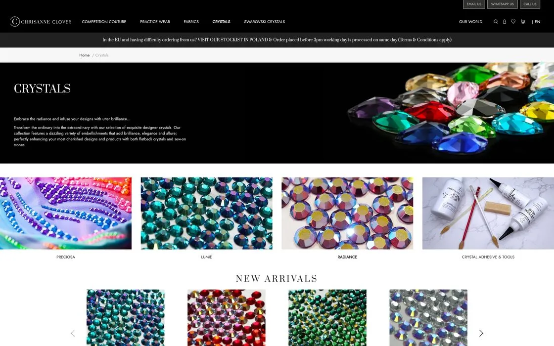 The Crystals category in the Chrisanne Clover store: the category banner, the Preciosa, Lumié, Radiance and Crystal Adhesive & Tools sub-collections, and a new-arrivals carousel.