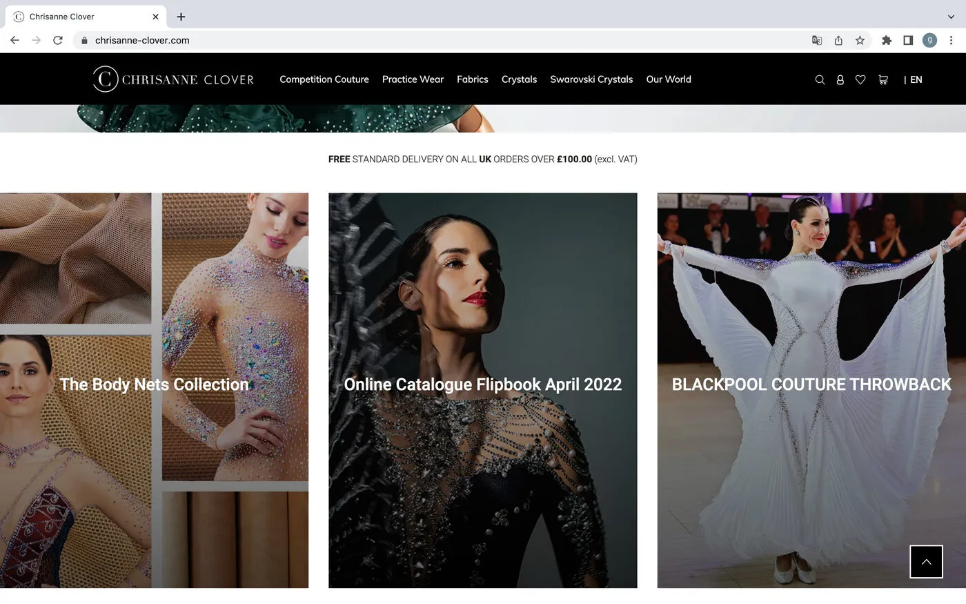The Chrisanne Clover home page in a browser: a black menu with the Competition Couture, Practice Wear, Fabrics and Crystals categories, and tiles for the fabric and dancewear collections.