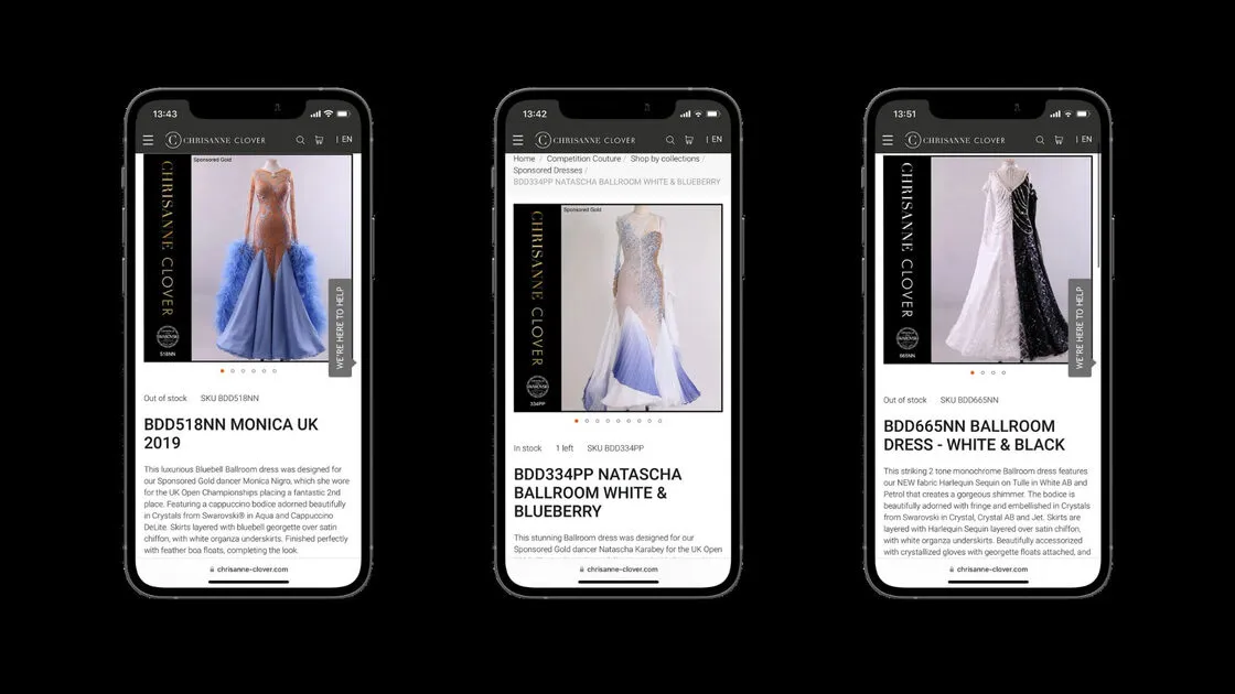 Three phones showing Chrisanne Clover product pages: ballroom dresses with their descriptions and catalogue numbers.