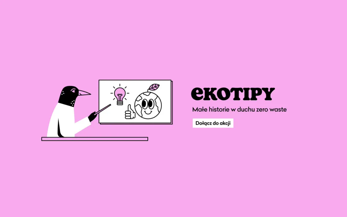 Graphic of the Ekotipy campaign in the 4szpaki.pl store: an illustrated starling at a board with the line “Small stories in the spirit of zero waste”