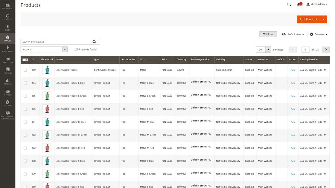 The product grid in the Magento 2 admin: columns for product type, attribute set, SKU, price, quantity and visibility.