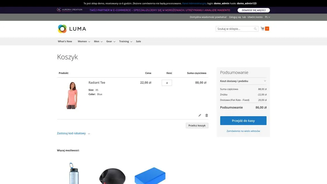 The demo store's cart with four tee shirts: a subtotal of 88 zloty, a 22 zloty discount and the order summary.