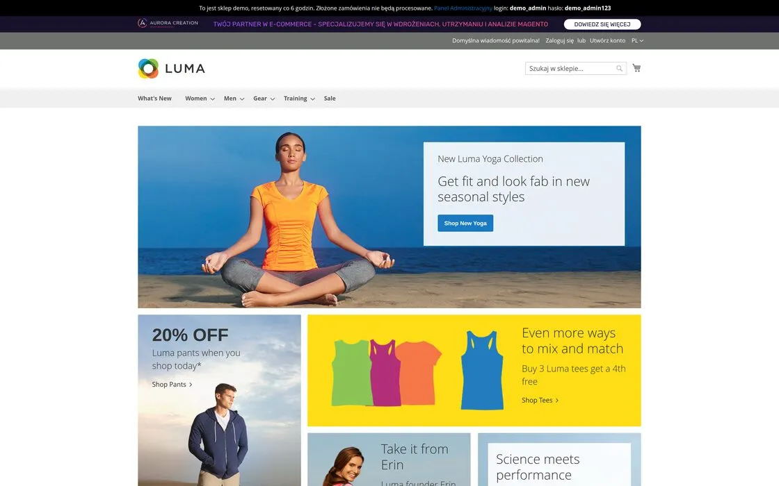 The home page of the Magento 2 demo store: collection banners, search and the category menu.