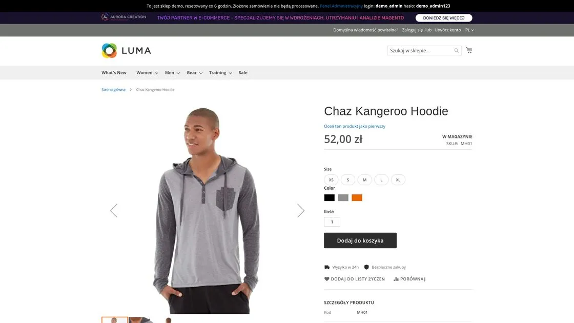 A configurable product page in the demo store: size and colour selection, price, availability and SKU.