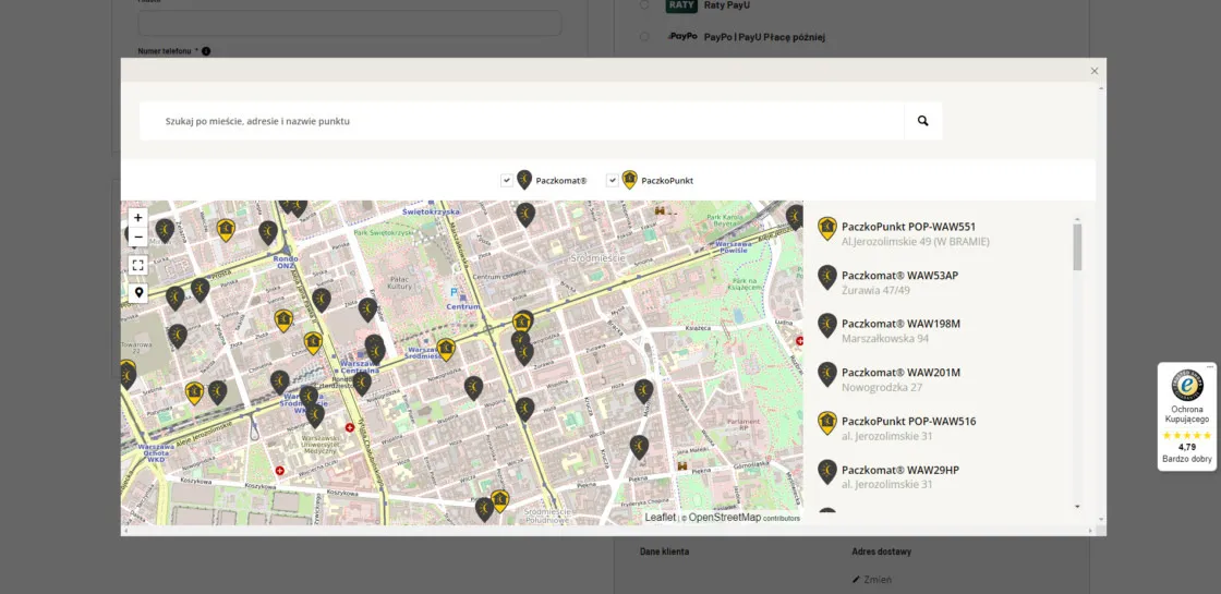 Choosing an InPost parcel locker on a map in the Diablo Chairs cart