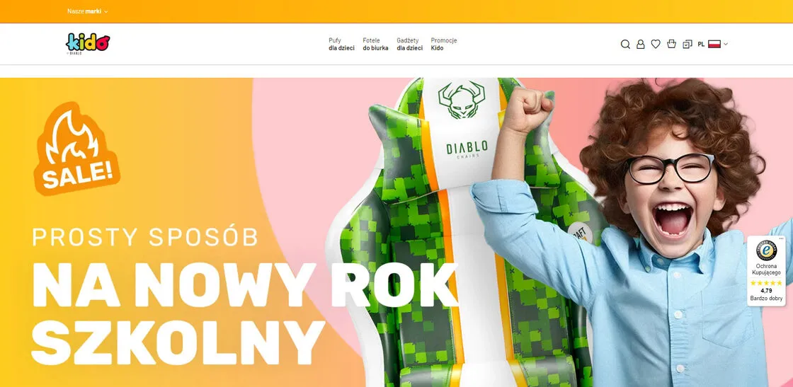 The Kido home page: a bright, colourful background and a children's chair