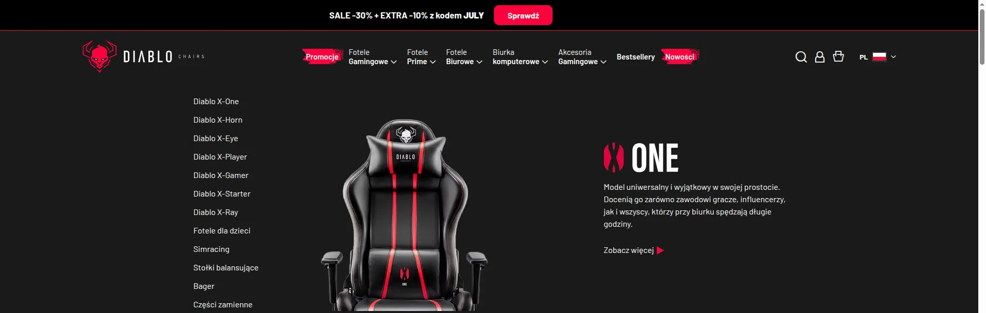 The Diablo Chairs mega menu open, with a list of models, a product photo and a series description