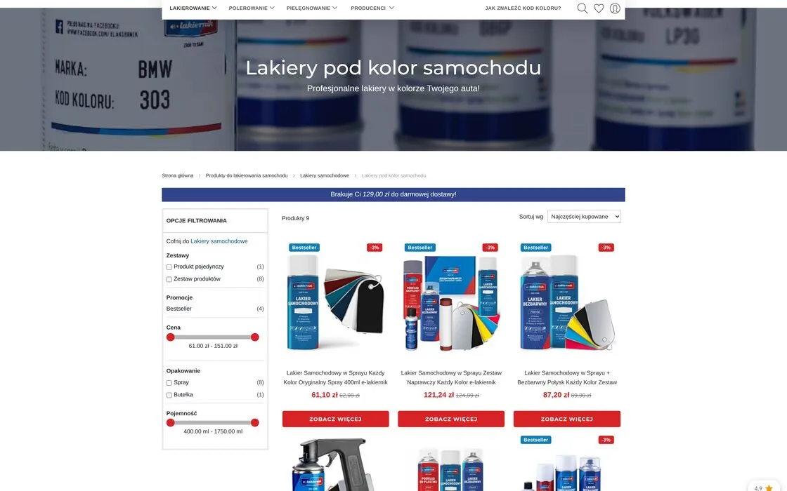 A listing of paint matched to a car's colour at e‑lakiernik.net: the category banner, a column of filters and product tiles with prices