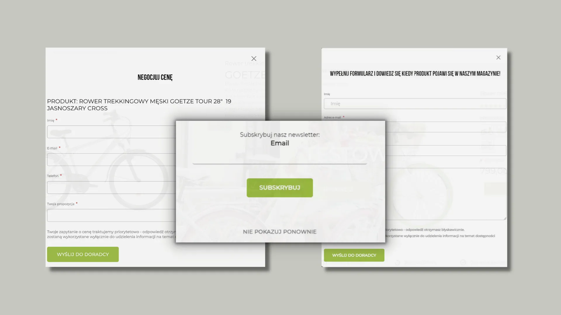 Three form windows in the Goetze store: negotiating the price of a trekking bike, asking when a product will be back in the warehouse, and the newsletter sign-up.
