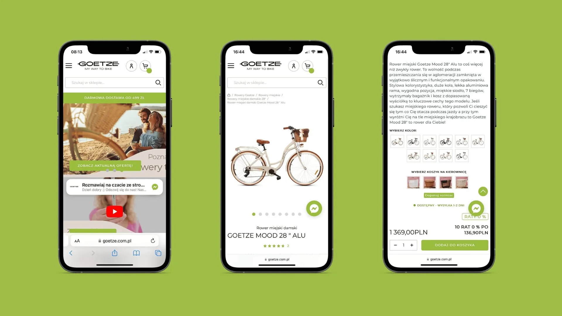 Three phones showing the Goetze store: the home page, a city bike product page, and the choice of colour and handlebar basket.