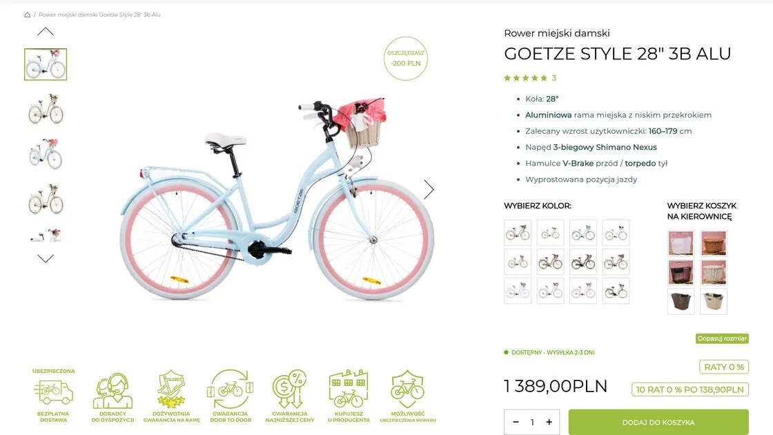 A Goetze Style 28-inch bicycle page in the store: a photo gallery, a list of features, the choice of colour and handlebar basket, and the price with a ten-instalment figure.