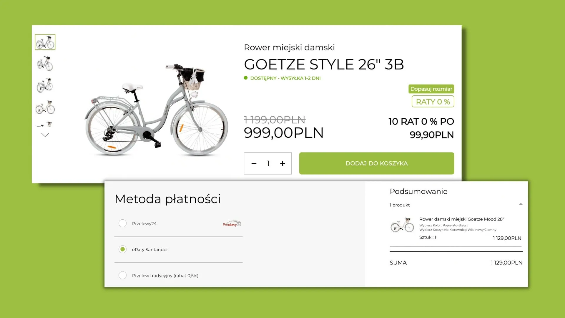 A Goetze Style 26-inch bicycle page marked RATY 0 % with a ten-instalment figure, and below it the payment method step of the basket with eRaty Santander selected.