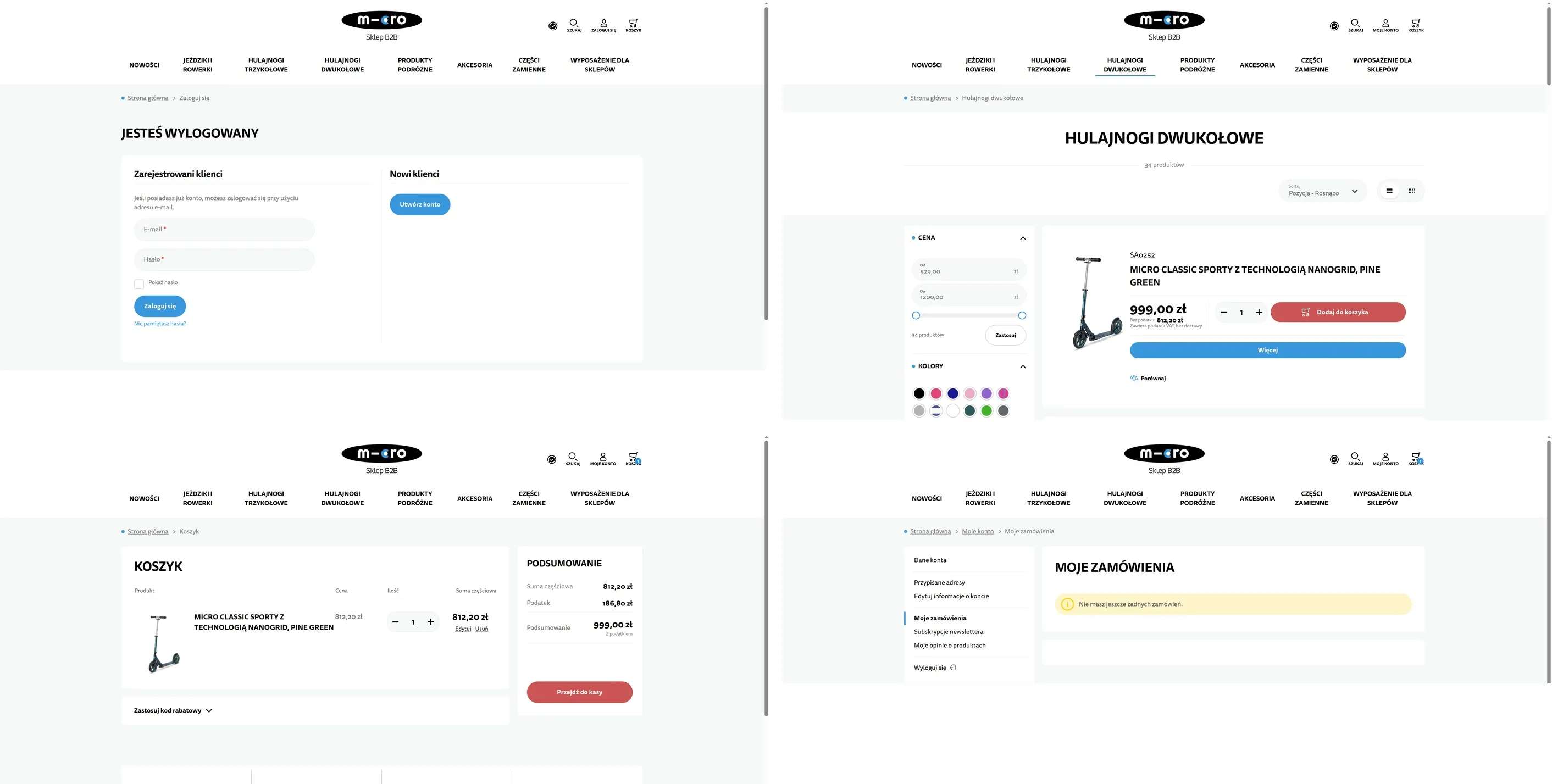 Four views of the Hulajnogi Micro B2B store: the sign-in screen, a listing of two-wheeled scooters with net and gross prices, the basket, and the order history on a contractor's account.