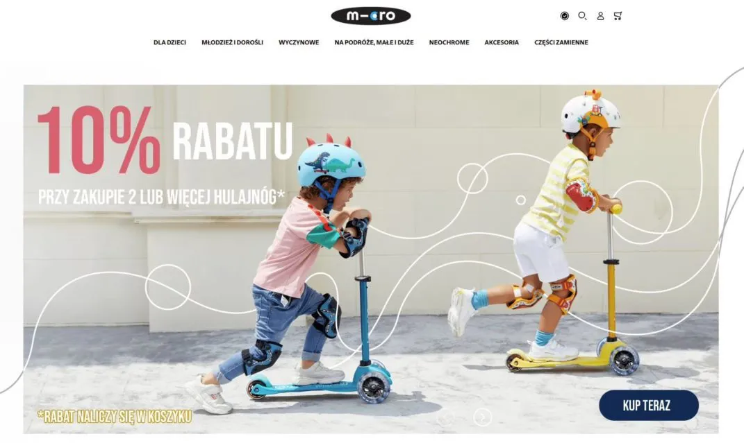 The Hulajnogi Micro home page on Magento 2: the category menu, a banner with a 10 percent discount and a photograph of two children on scooters.