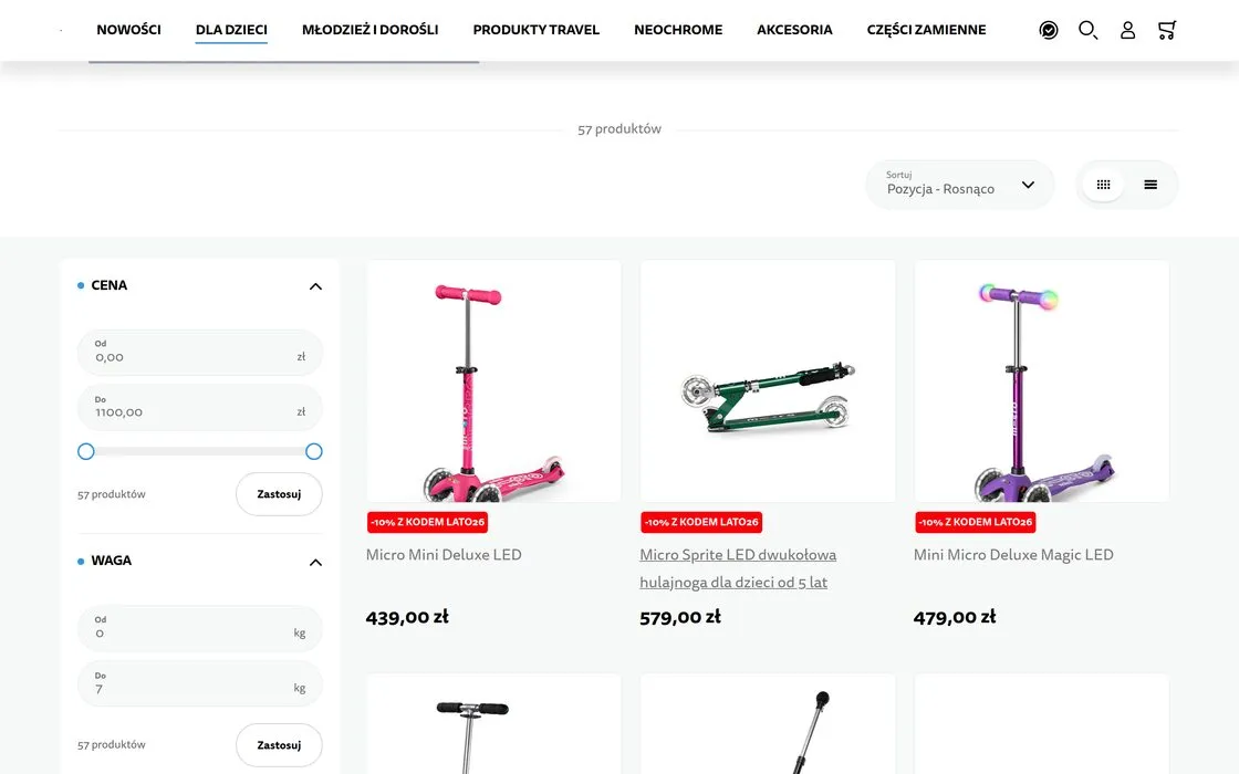 A listing of children's scooters in the Hulajnogi Micro store: price and weight filters with a product count on the left, a grid of scooters with prices on the right.