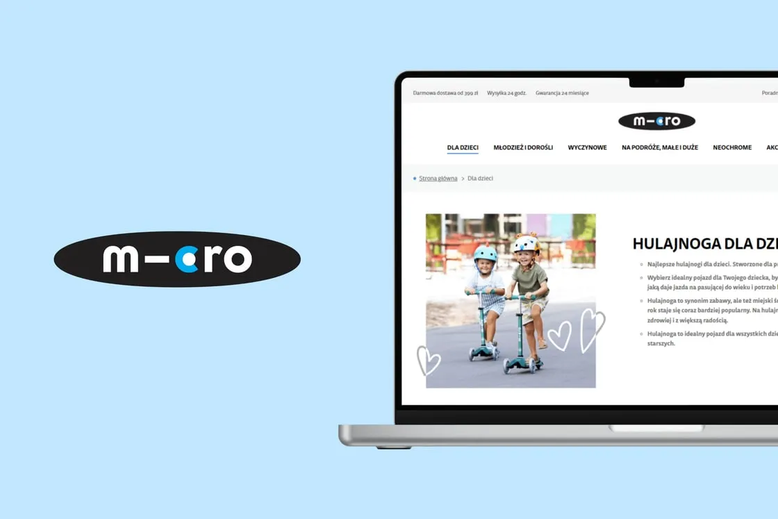 The Micro brand mark beside the Hulajnogi Micro store shown on a laptop screen: the category menu and a photograph of children on scooters.