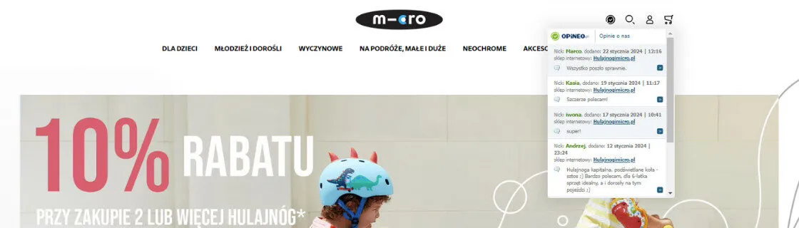 The Hulajnogi Micro home page with the Opineo panel open, showing the four most recent customer reviews and their dates.