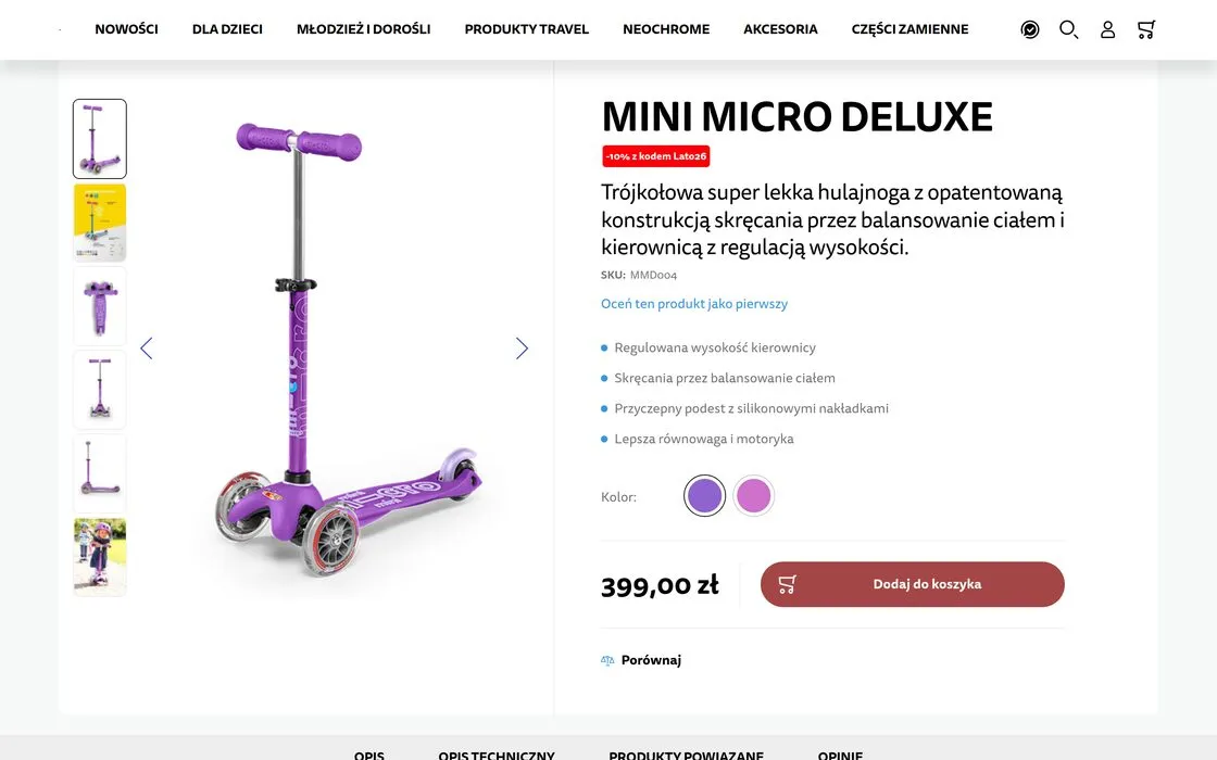 The Mini Micro Deluxe product page in the Hulajnogi Micro store: a gallery of scooter photographs, a list of features, a colour choice, the price and an add-to-basket button.